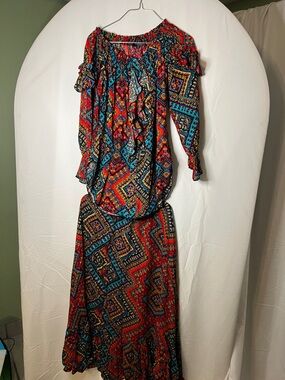 Bohemian Off-Shoulder Maxi Dress in Red & Teal